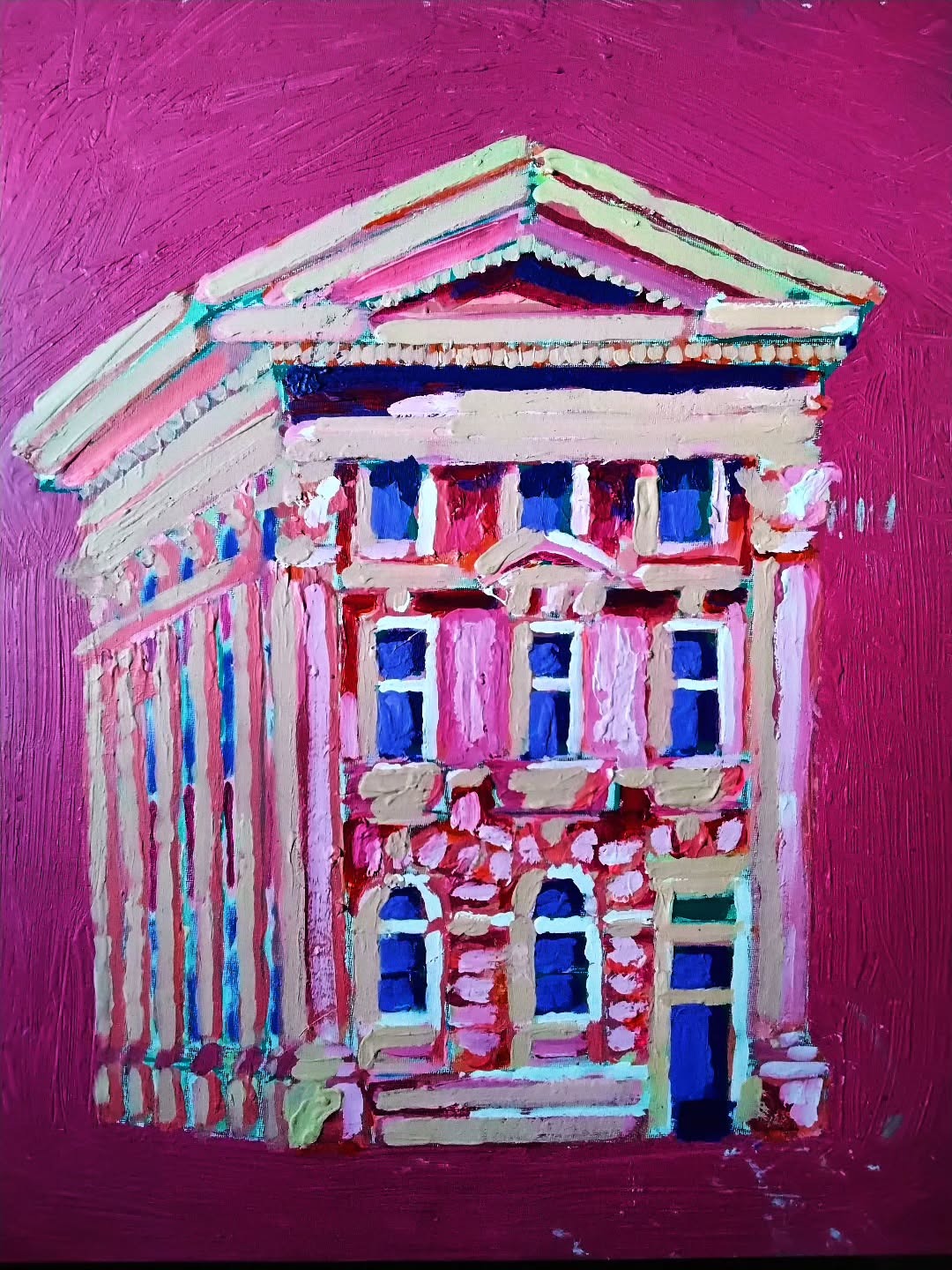 Bold painting of a Liverpool building in vivid magenta, pink and blue