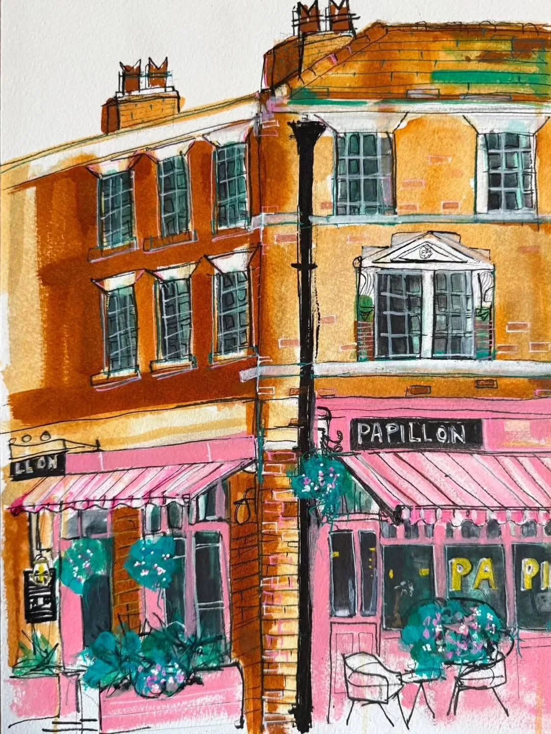 Tammy Walters' ink and watercolour painting of a red-brick corner building with a pink Papillon shopfront and awnings