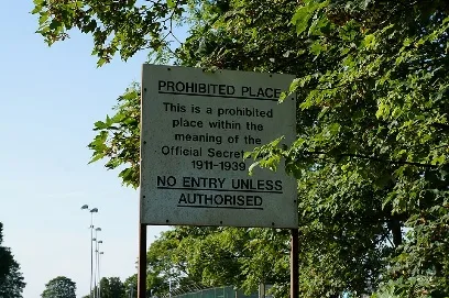A Prohibited Place sign under the Official Secrets Acts, warning of no entry unless authorised