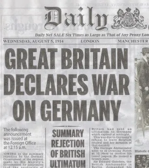 Front page of a daily newspaper with the headline Great Britain declares war on Germany