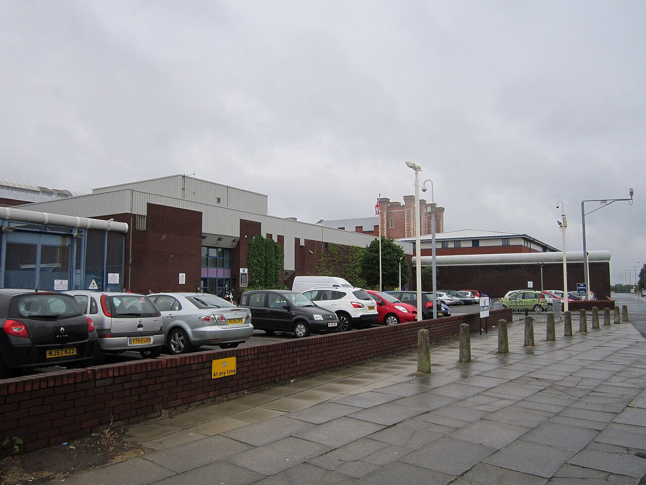 A wider view of HMP Liverpool with the Victorian tower rising above the later prison buildings