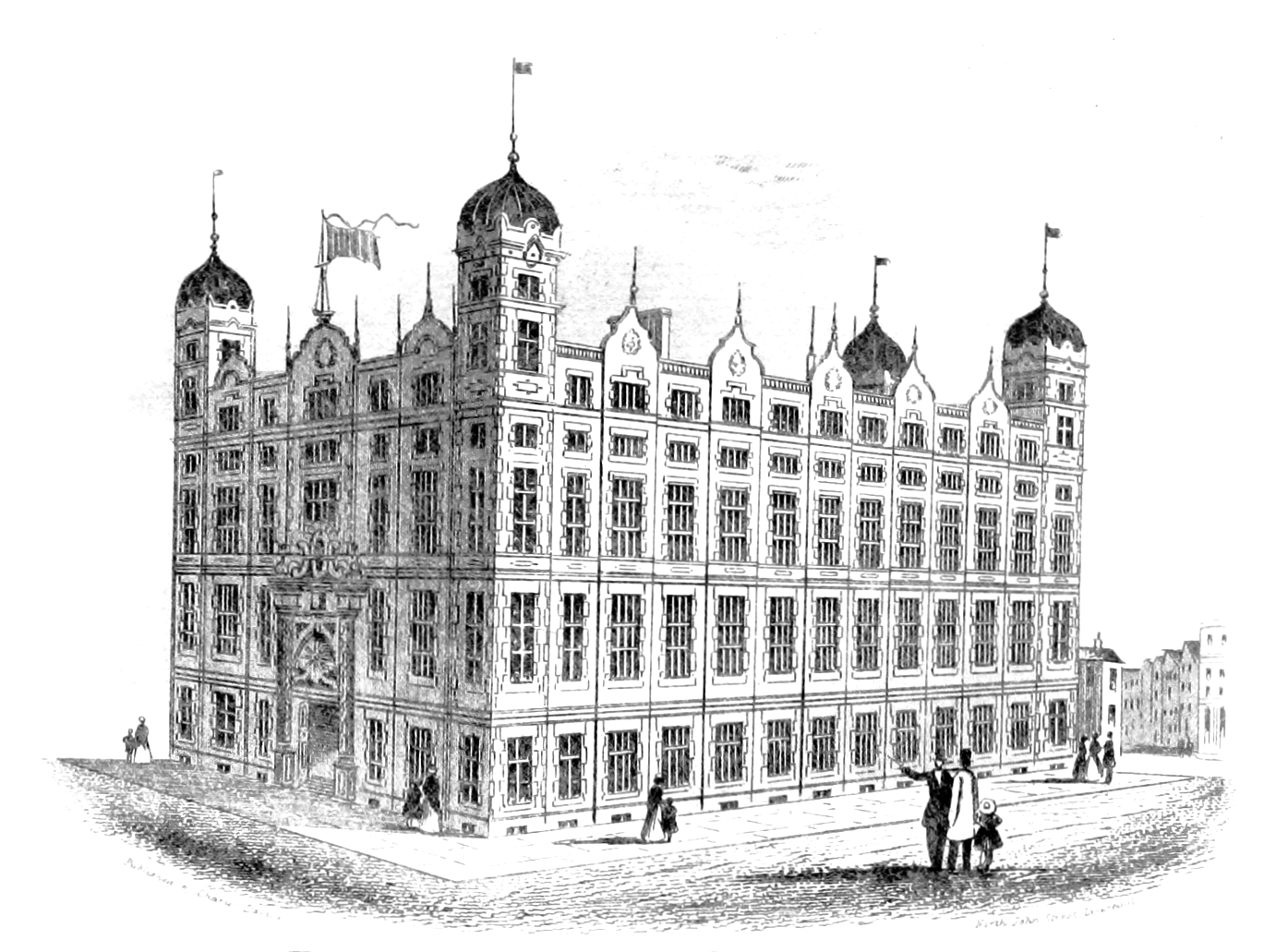 An 1854 illustration of the Liverpool Sailors' Home at Canning Place with its ornate nautical facade