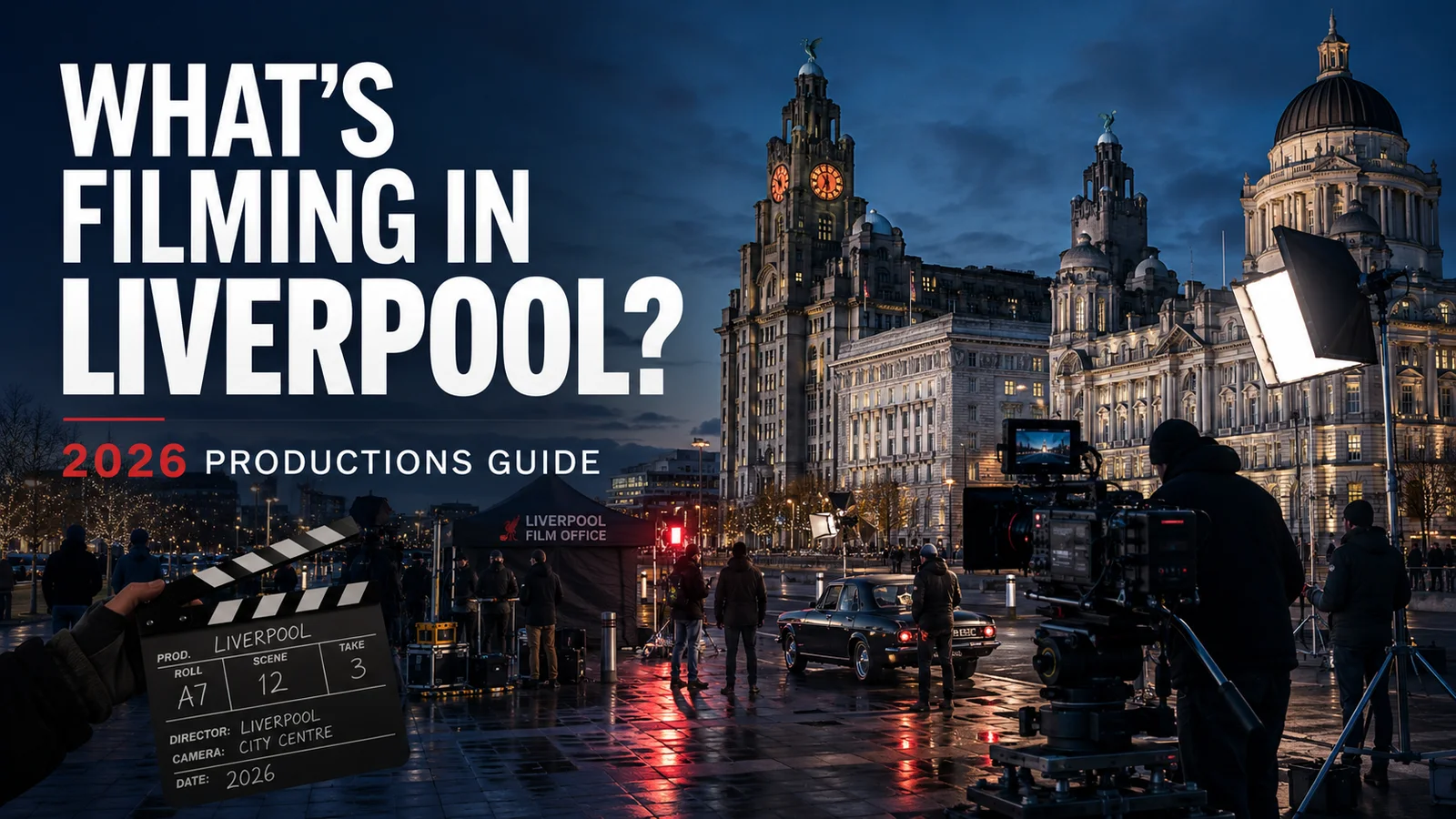 L1 Local graphic reading What's Filming in Liverpool? 2026 Productions Guide, over an illustrated film crew at the Pier Head