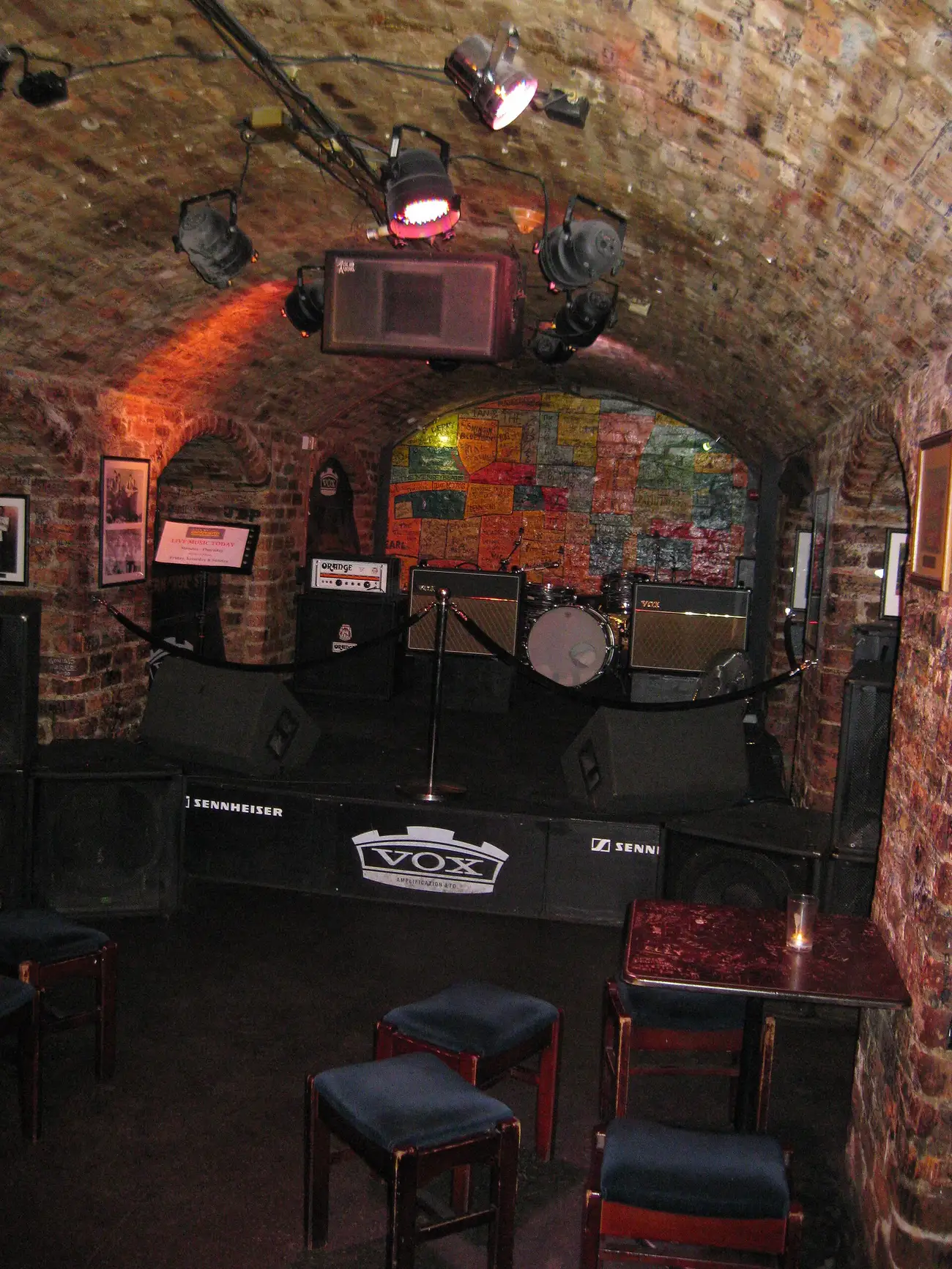 The stage and brick arches inside the Cavern Club on Mathew Street
