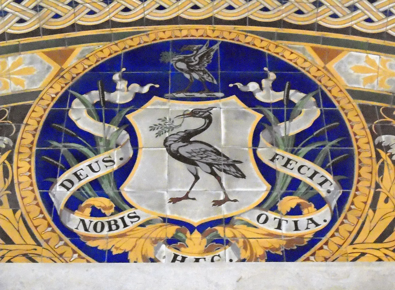 A section of the Minton tile floor at St George's Hall, patterned in red, cream and blue