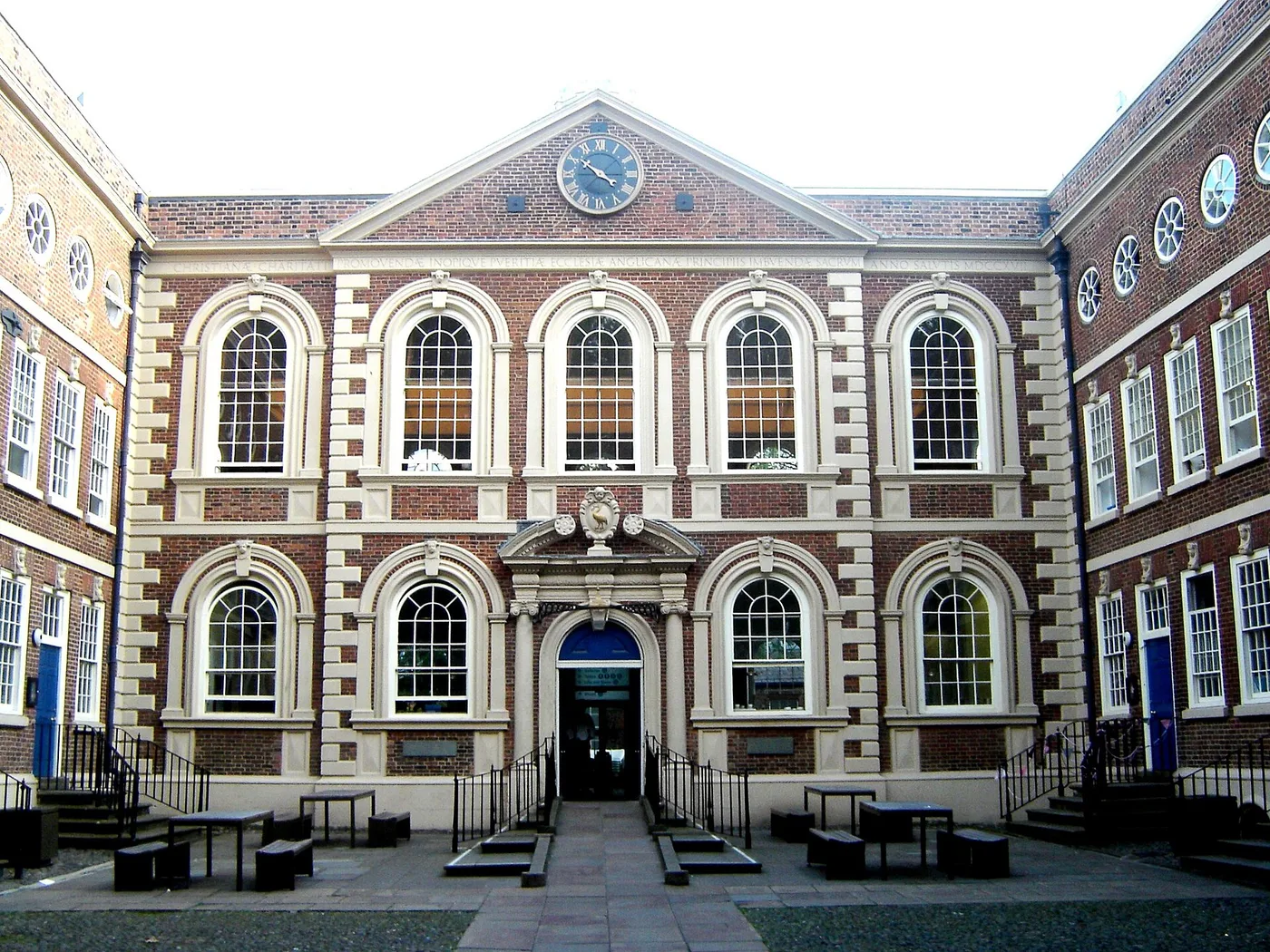The brick frontage and courtyard of Bluecoat Chambers on School Lane, Liverpool