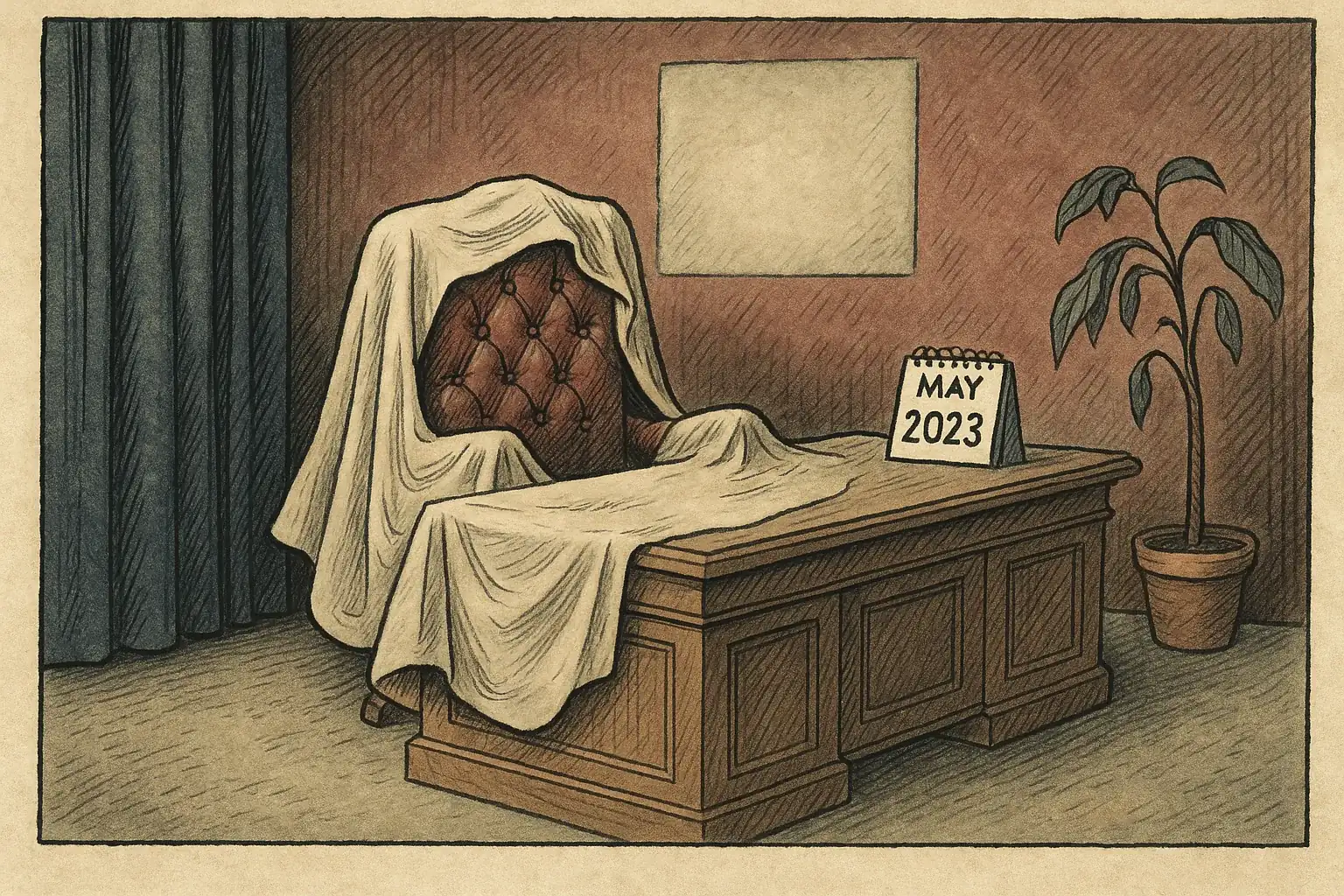 Illustration of an empty mayoral office with a calendar showing May 2023