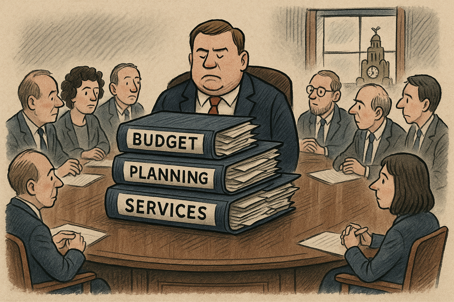Illustration of the Council Leader at a cabinet table, dwarfed by folders labelled Budget, Planning and Services, with the Royal Liver Building visible through a window.