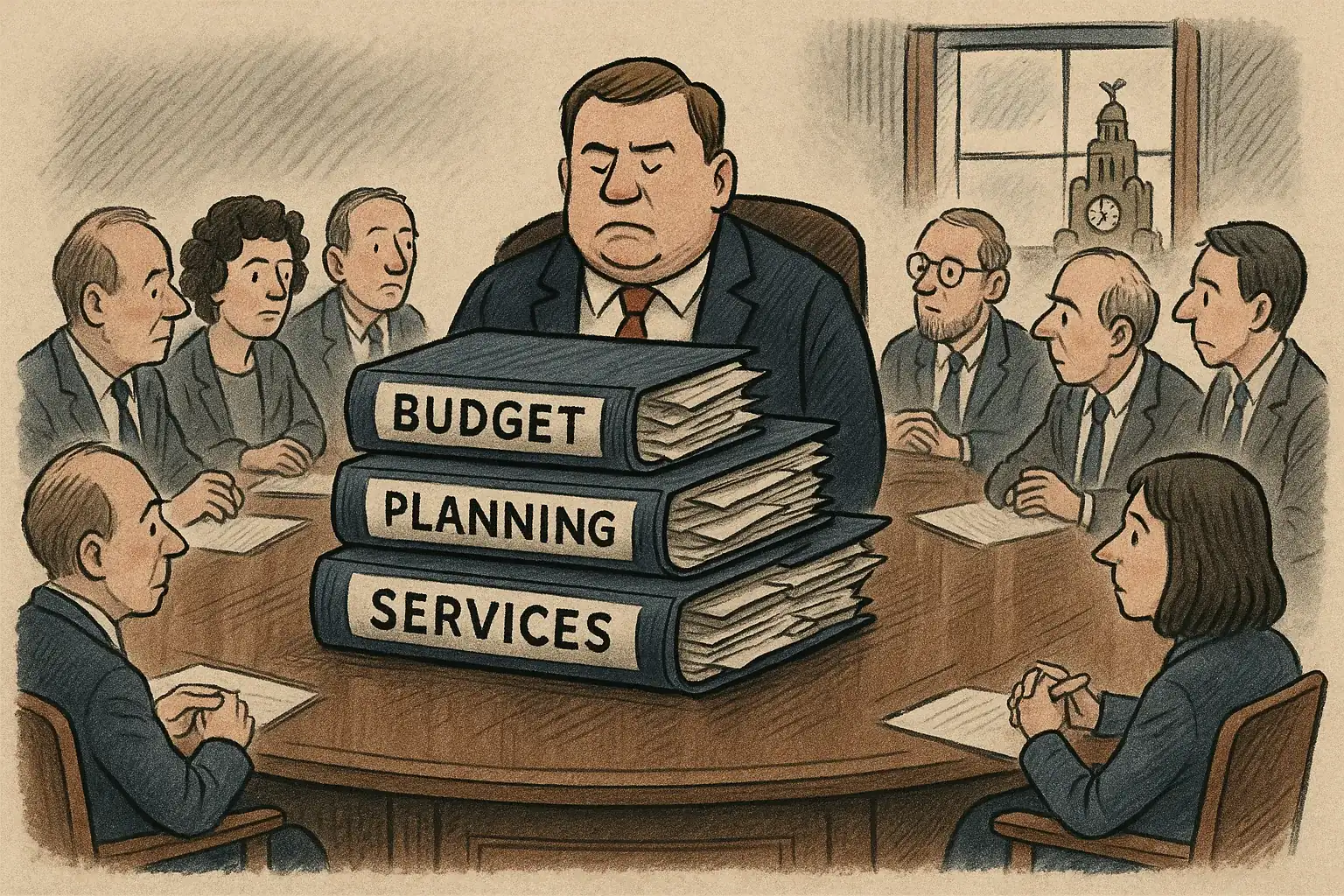 Illustration of Liverpool City Council's leader at a cabinet table with folders marked Budget, Planning and Services