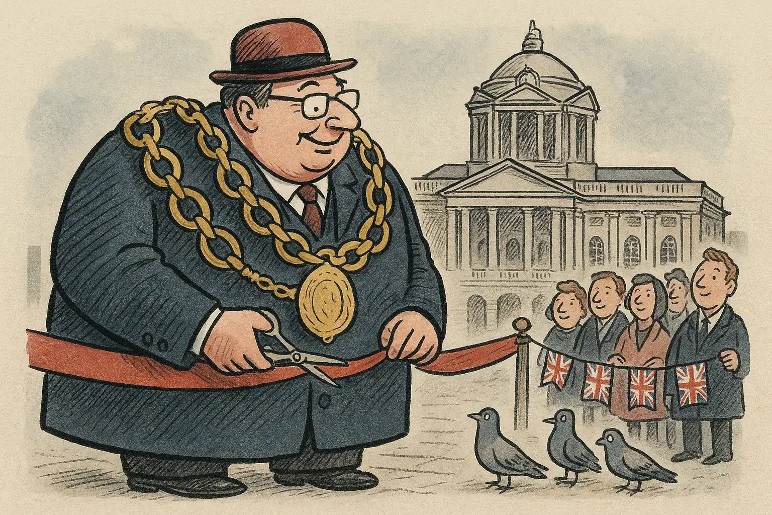 Satirical illustration of the Lord Mayor of Liverpool wearing a large chain of office and cutting a ribbon outside the Town Hall
