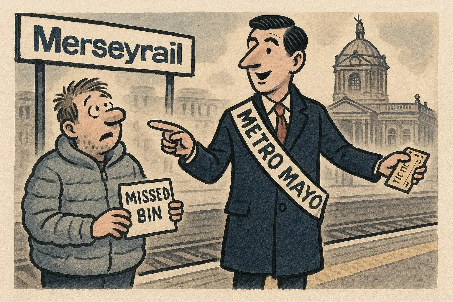 Illustration of the Metro Mayor on a railway platform while a resident holds a missed-bin note