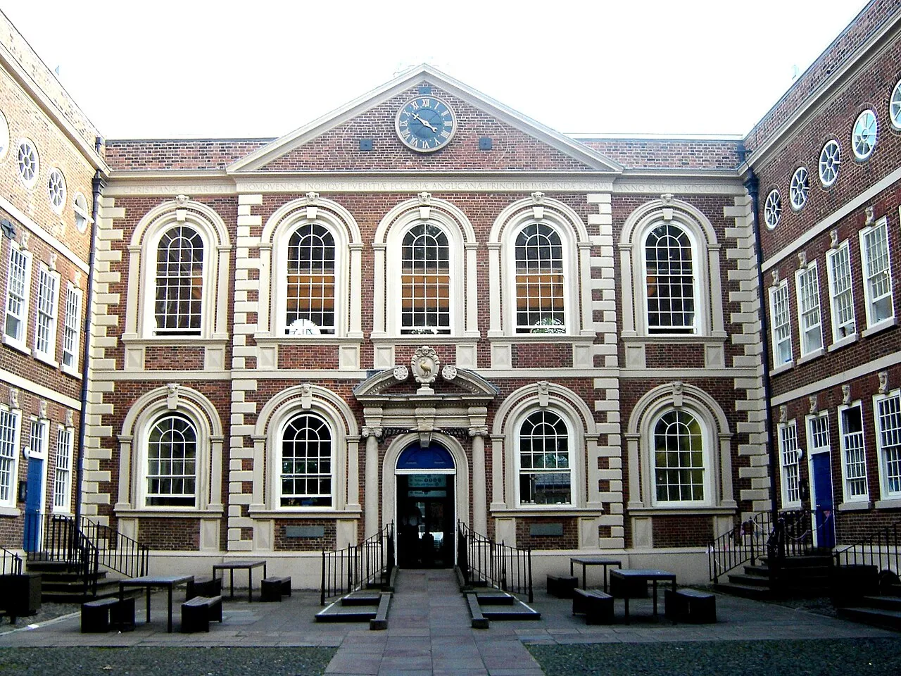 Historic courtyard and brick facade of Bluecoat Chambers in central Liverpool