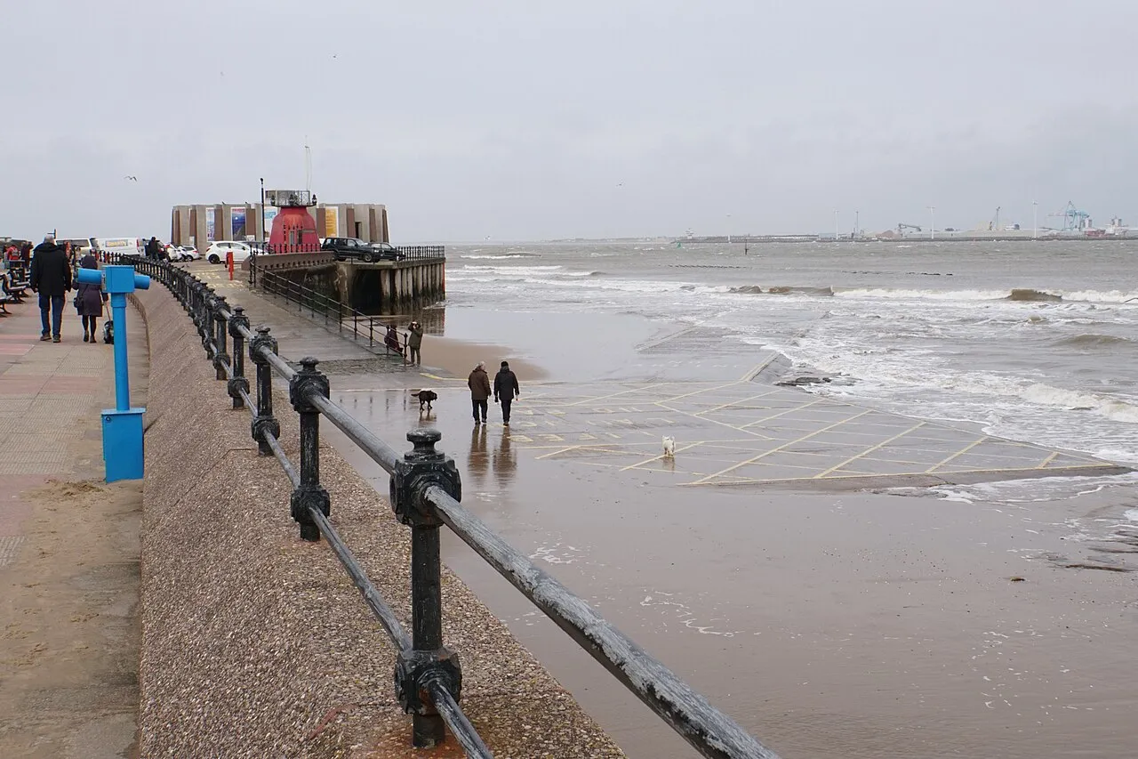 Seafront promenade and coastal views at New Brighton looking out over the Mersey