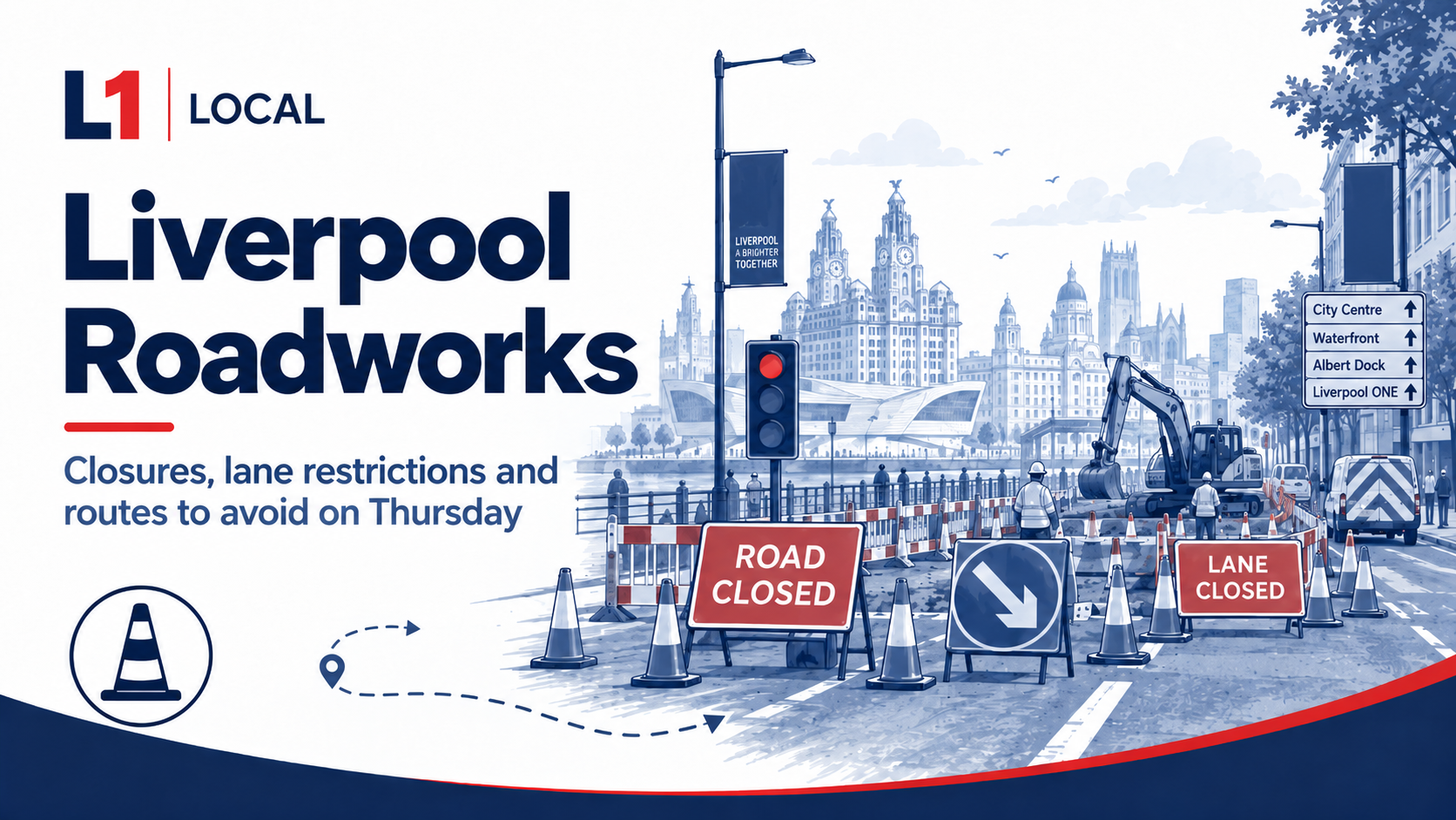 L1Local Liverpool Roadworks graphic showing road-closed and lane-closed signs with the Liverpool skyline in the background