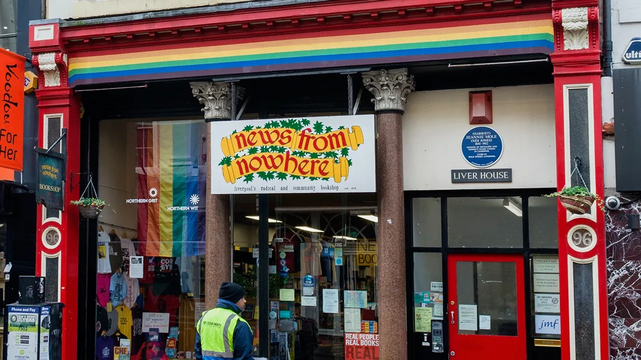 The News From Nowhere bookshop on Bold Street, with its rainbow-painted frontage